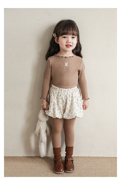 Baby Girl Bunny Embroidered Ribbed Top, Cacao Brown