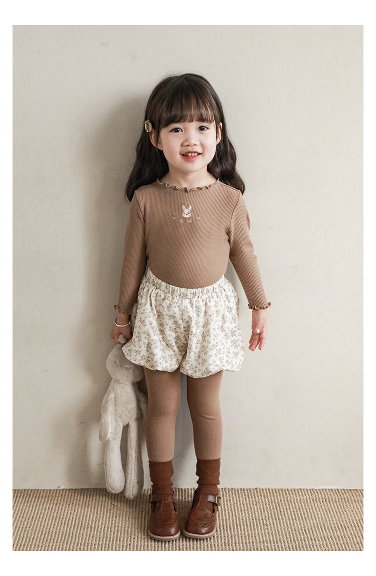 Baby Girl Bunny Embroidered Ribbed Top, Cacao Brown