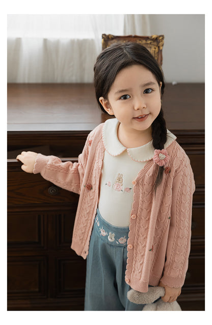 Cotton Cable Knit Floral Crochet Cardigan, Dusty Rose