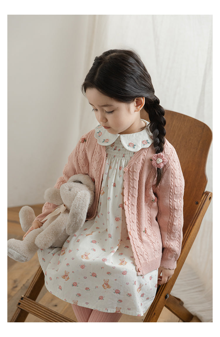 Cotton Cable Knit Floral Crochet Cardigan, Dusty Rose