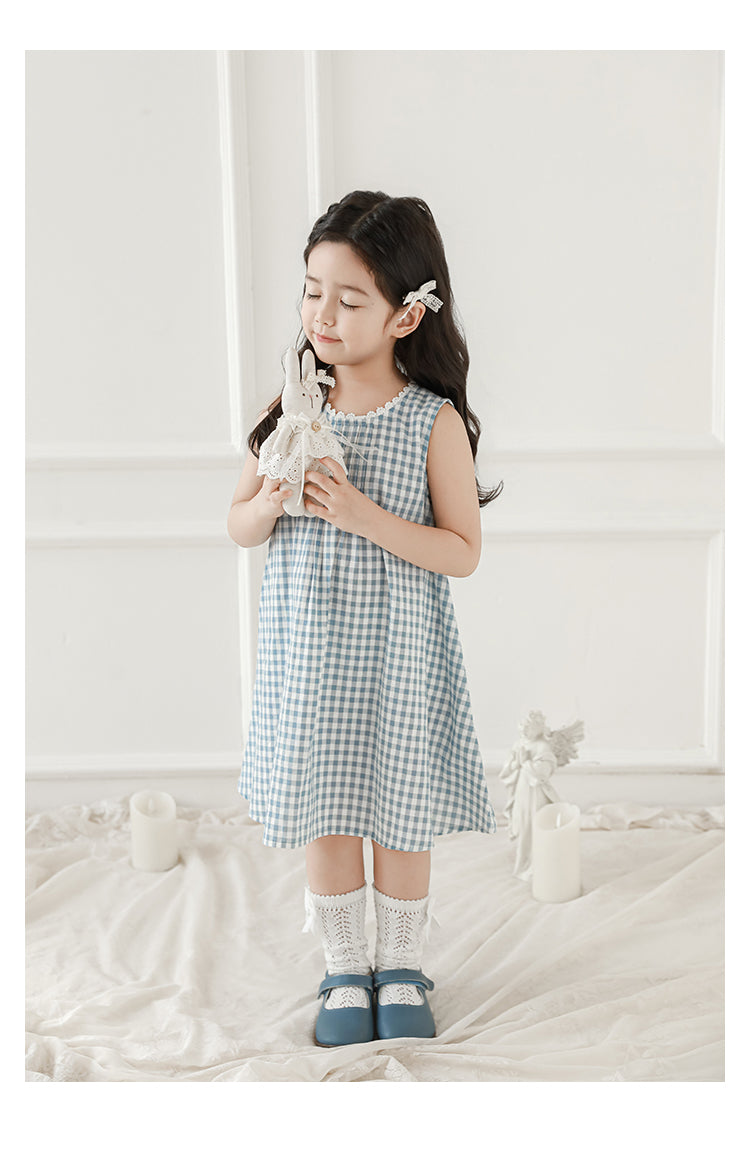 Freya Lace Trim Pleated Dress, Blue Gingham