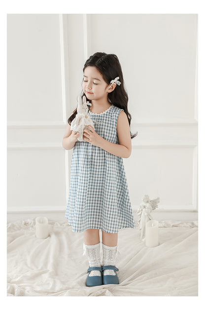 Freya Lace Trim Pleated Dress, Blue Gingham