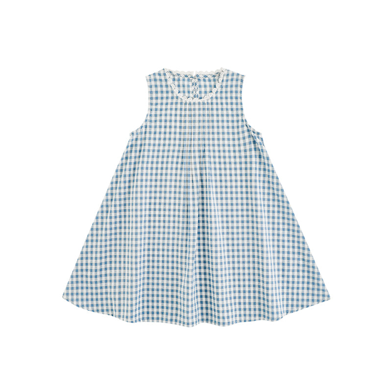 Freya Lace Trim Pleated Dress, Blue Gingham