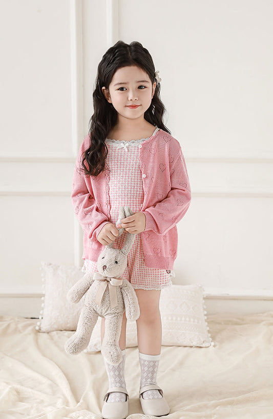 Lyocell Knit Heart Pointelle Cardigan, Rose Pink