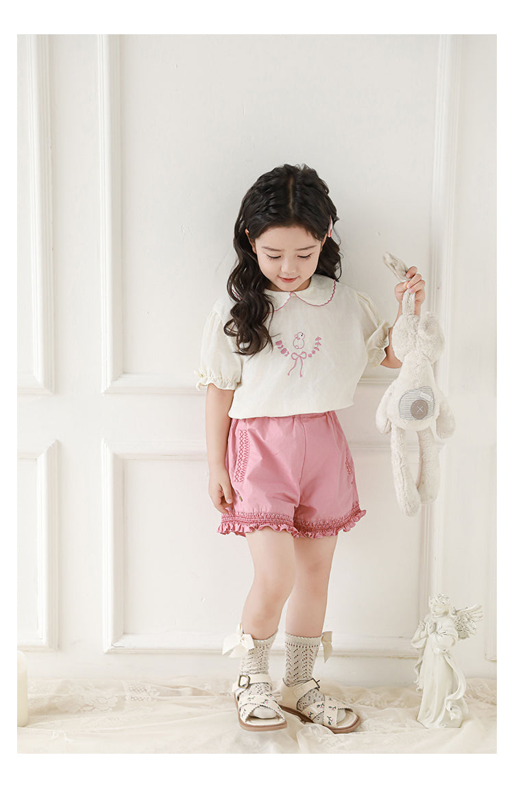 Floral Embroidered Ruffled Shorts, Rose Pink