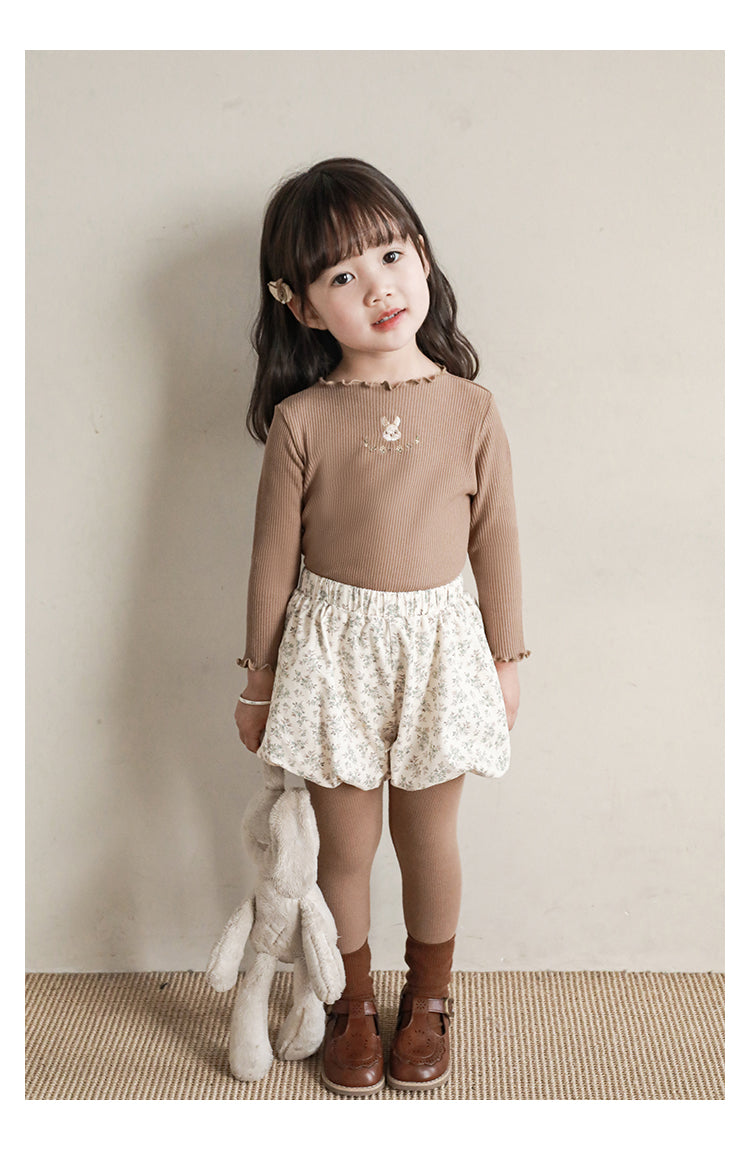 Baby Girl Bunny Embroidered Ribbed Top, Cacao Brown