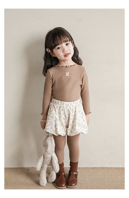 Baby Girl Bunny Embroidered Ribbed Top, Cacao Brown