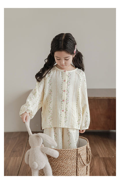 Muslin Button-Front Lounge Set, Floral Stripe