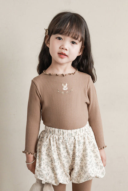 Baby Girl Bunny Embroidered Ribbed Top, Cacao Brown