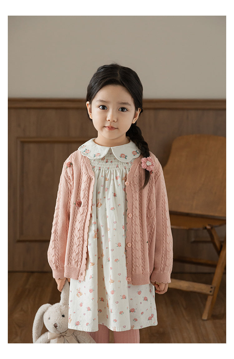 Cotton Cable Knit Floral Crochet Cardigan, Dusty Rose