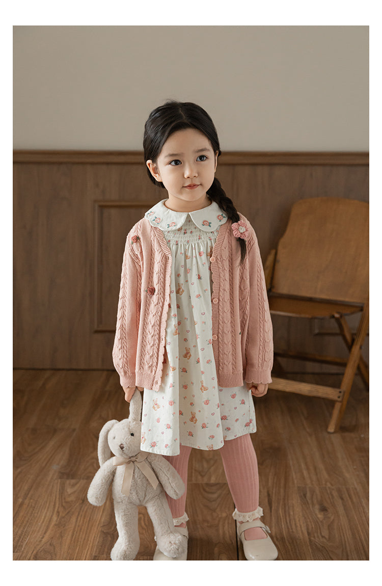 Cotton Cable Knit Floral Crochet Cardigan, Dusty Rose
