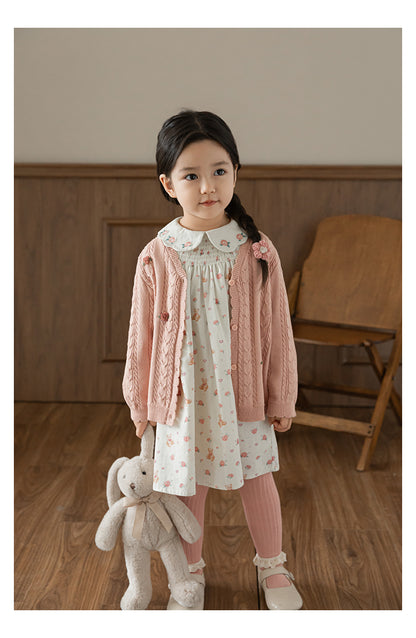 Cotton Cable Knit Floral Crochet Cardigan, Dusty Rose
