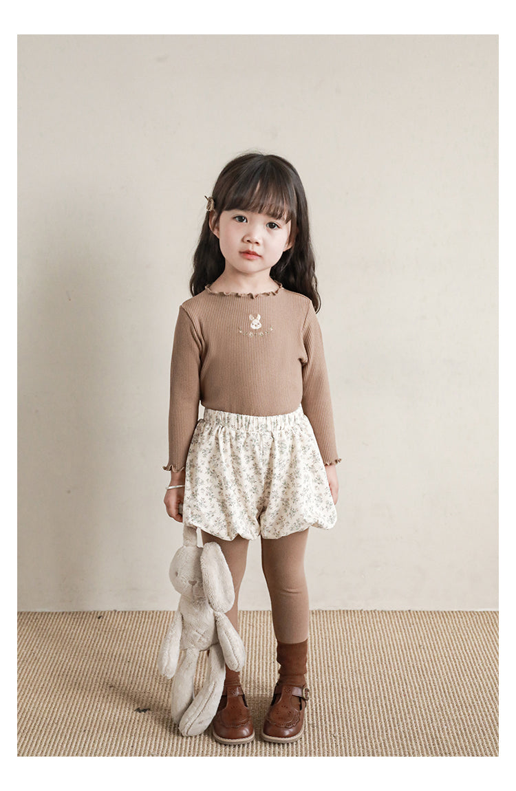 Baby Girl Bunny Embroidered Ribbed Top, Cacao Brown