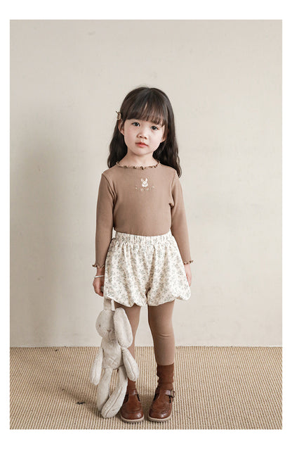 Baby Girl Bunny Embroidered Ribbed Top, Cacao Brown