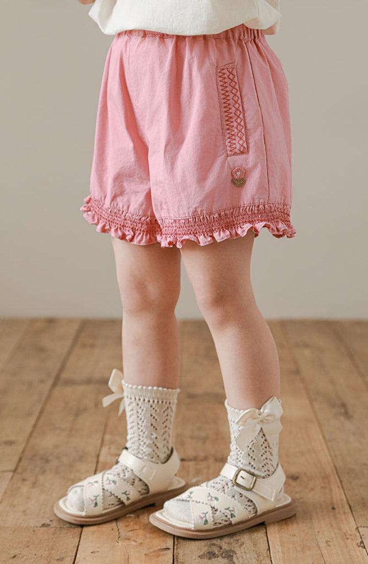 Floral Embroidered Ruffled Shorts, Rose Pink
