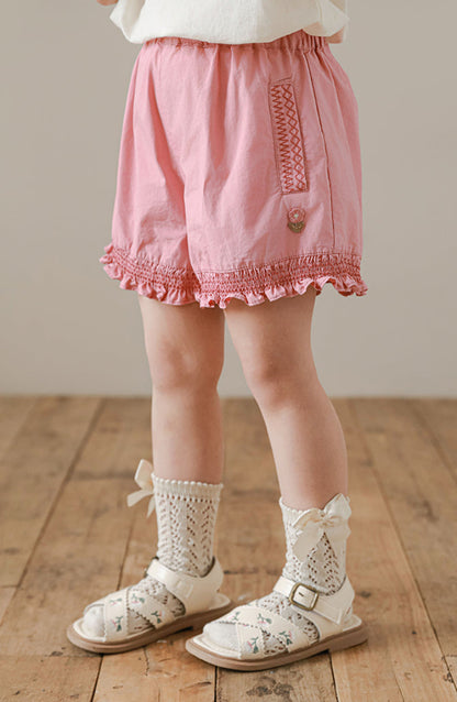 Floral Embroidered Ruffled Shorts, Rose Pink