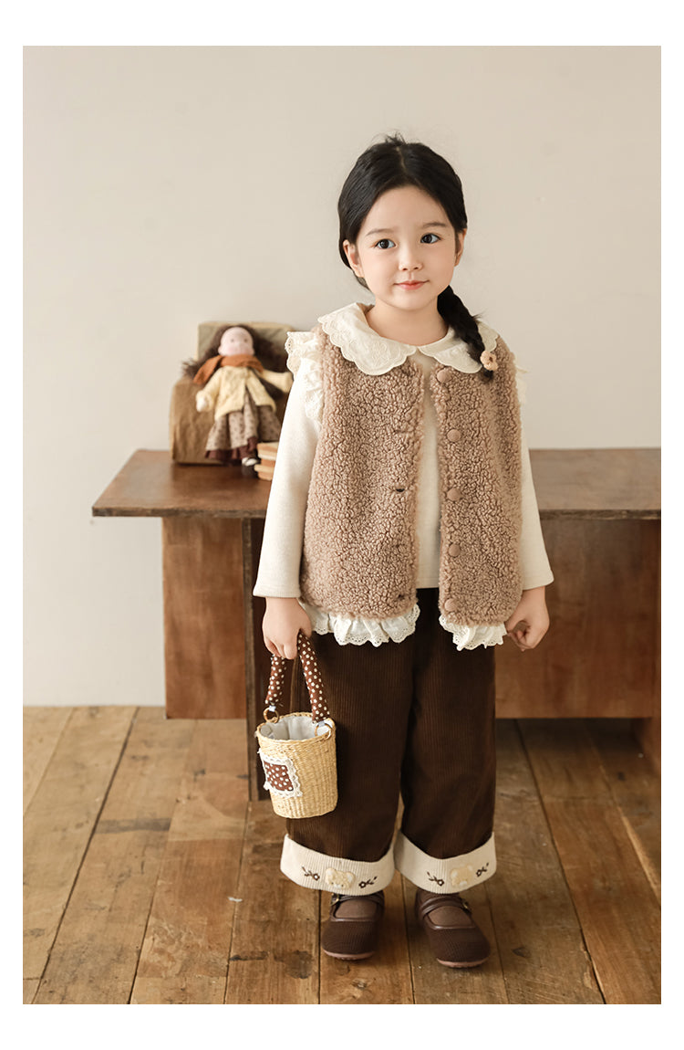 Lace Trim Pile Gilet, Latte Brown