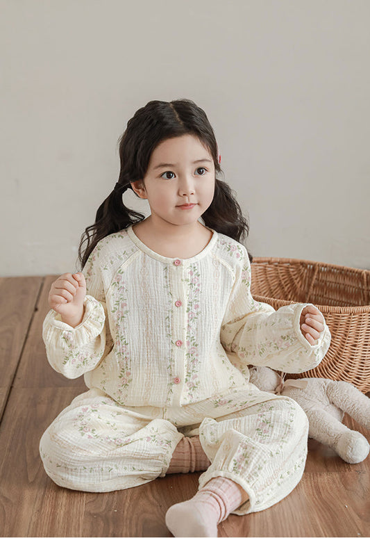 Muslin Button-Front Lounge Set, Floral Stripe