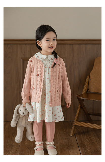 Cotton Cable Knit Floral Crochet Cardigan, Dusty Rose
