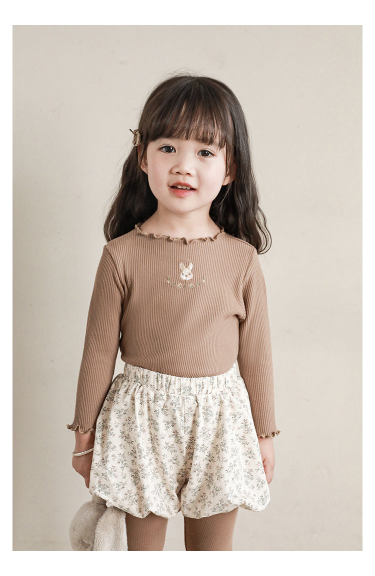Baby Girl Bunny Embroidered Ribbed Top, Cacao Brown