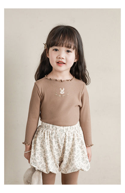 Baby Girl Bunny Embroidered Ribbed Top, Cacao Brown