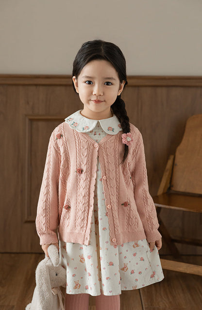 Cotton Cable Knit Floral Crochet Cardigan, Dusty Rose