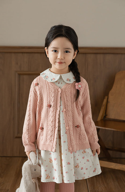 Cotton Cable Knit Floral Crochet Cardigan, Dusty Rose