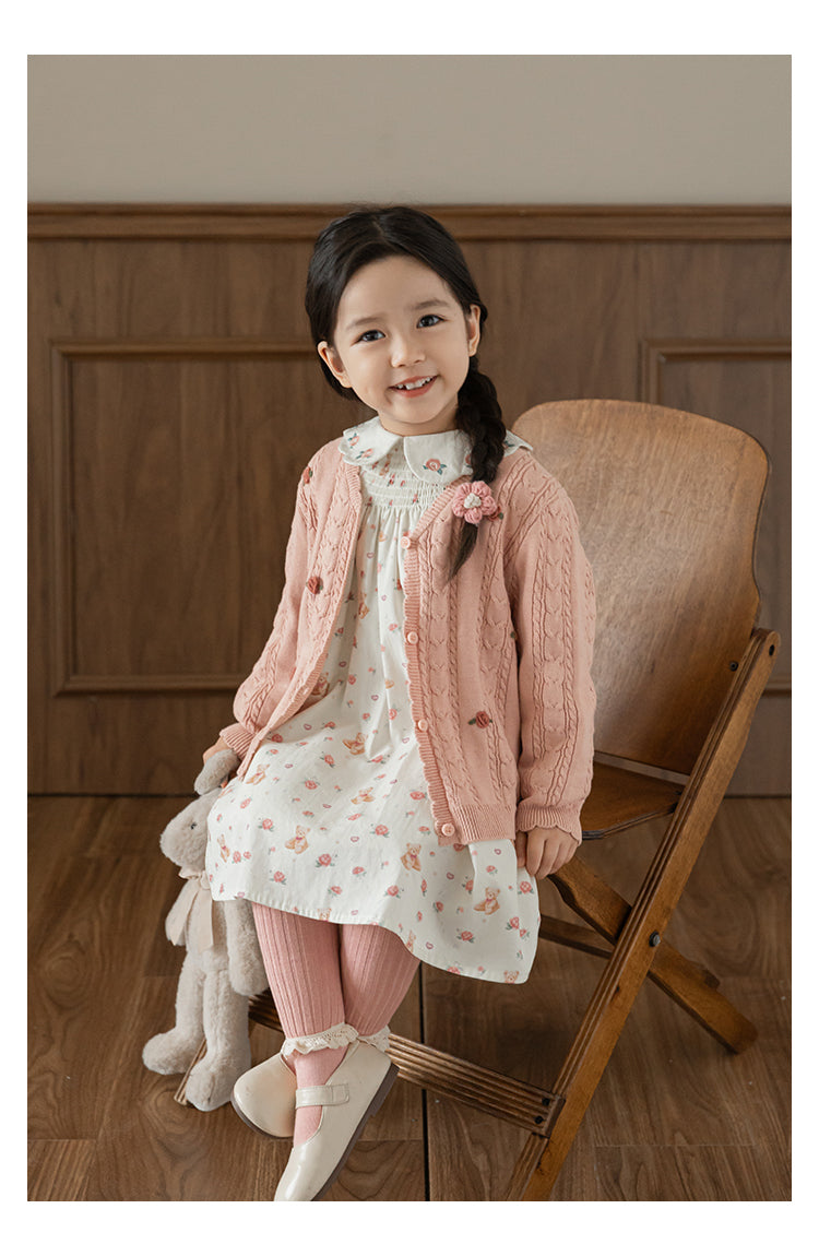 Cotton Cable Knit Floral Crochet Cardigan, Dusty Rose