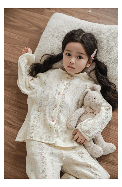 Muslin Button-Front Lounge Set, Floral Stripe