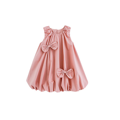 Girls dress with elasticated round neckline and bow detail
