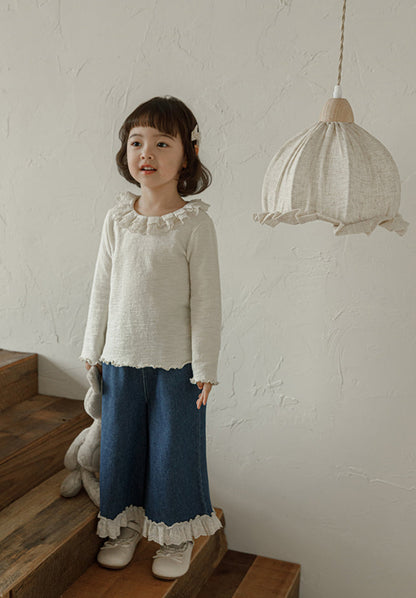 Lace Hem Ruffled Wide-Leg Jeans, Classic Blue