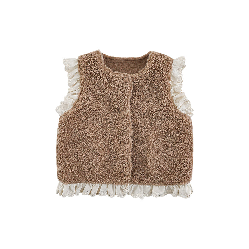 Lace Trim Pile Gilet, Latte Brown