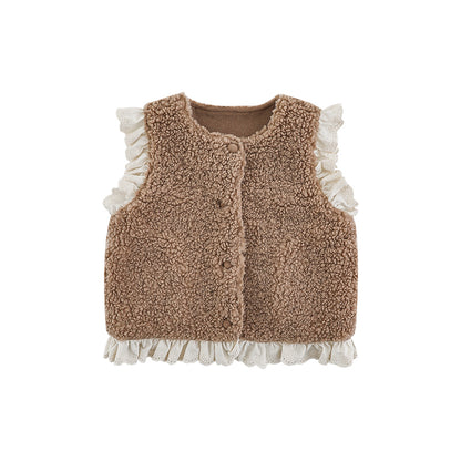 Lace Trim Pile Gilet, Latte Brown