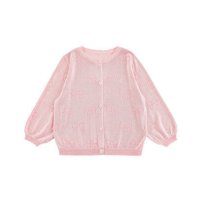 Lyocell Knit Bow Pointelle Cardigan, Blush Pink