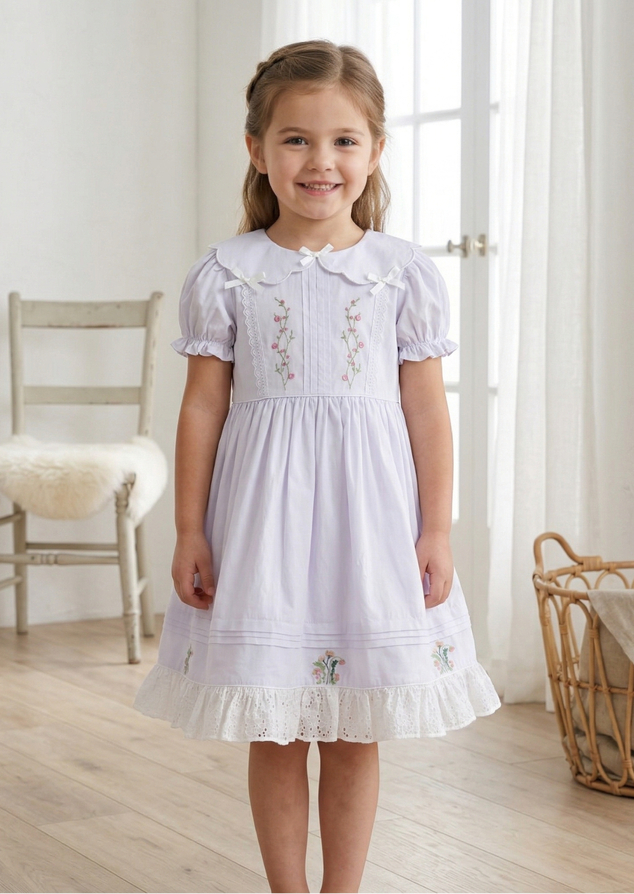 Iris Floral Embroidered Dress, Ivory White