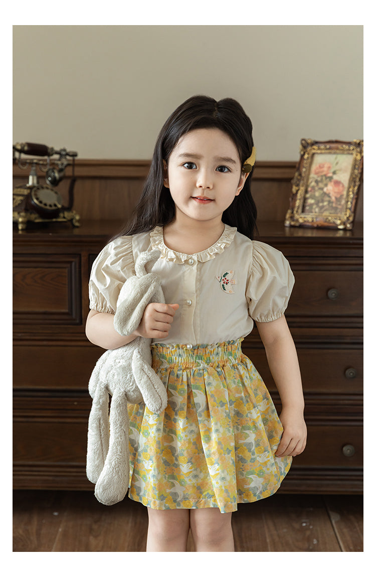 Bird Appliqué Button-Front Blouse, Pearl