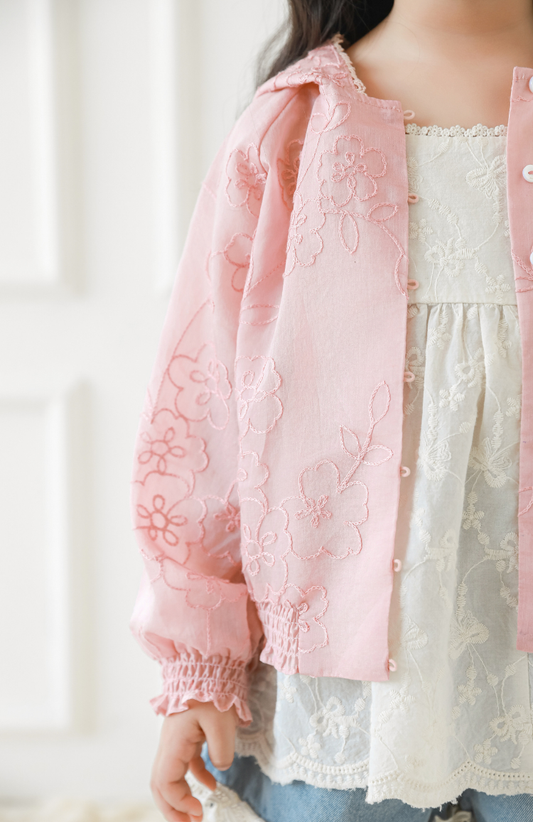 Floral Embroidered Lyocell Jacket, Rose Pink