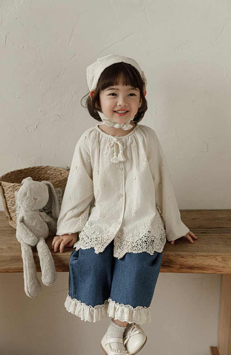 Lace Hem Ruffled Wide-Leg Jeans, Classic Blue