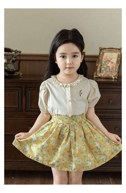 Bird Appliqué Button-Front Blouse, Pearl