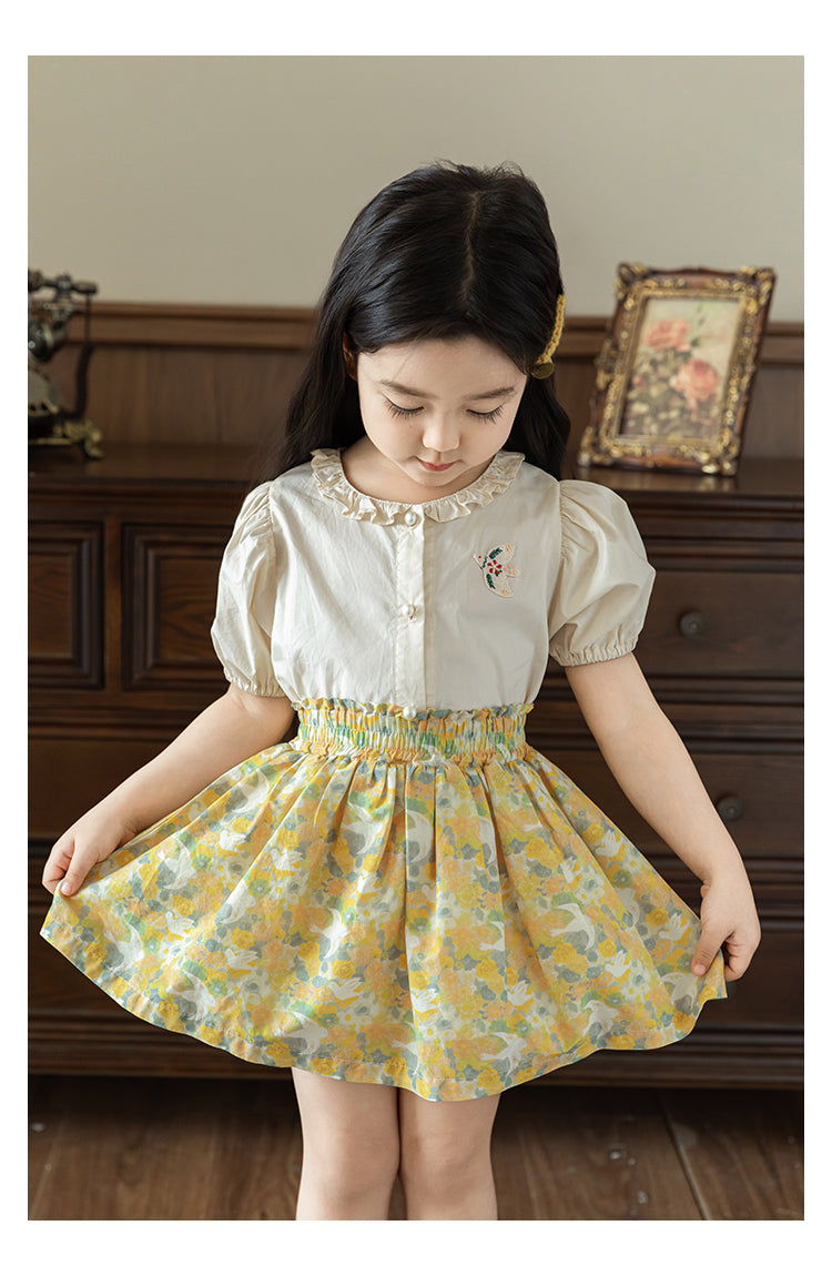 Bird Appliqué Button-Front Blouse, Pearl