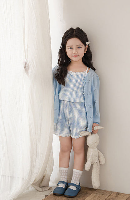 Lyocell Knit Heart Pointelle Cardigan, Powder Blue