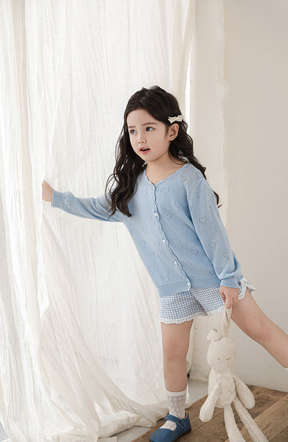 Lyocell Knit Heart Pointelle Cardigan, Powder Blue