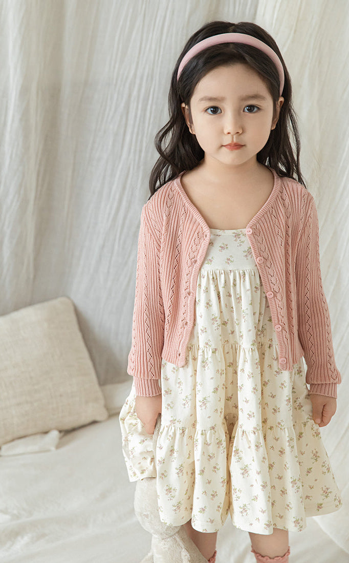 Cotton Ribbed Knit Pointelle Cardigan, Dusty Rose
