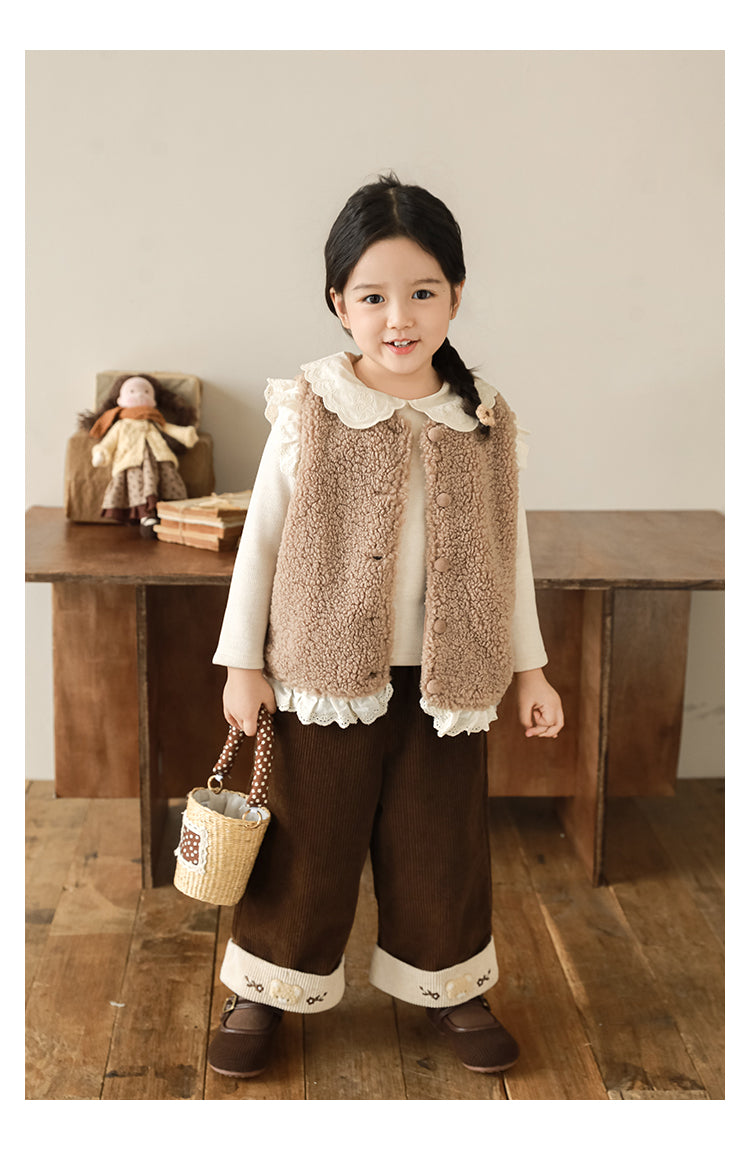 Lace Trim Pile Gilet, Latte Brown