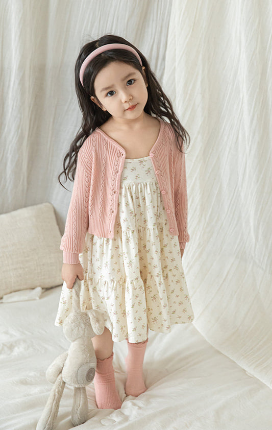 Cotton Ribbed Knit Pointelle Cardigan, Dusty Rose