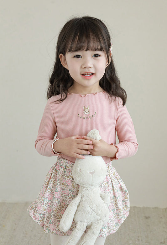 Bunny Embroidered Ribbed Top, Dusty Rose
