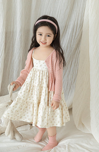Cotton Ribbed Knit Pointelle Cardigan, Dusty Rose
