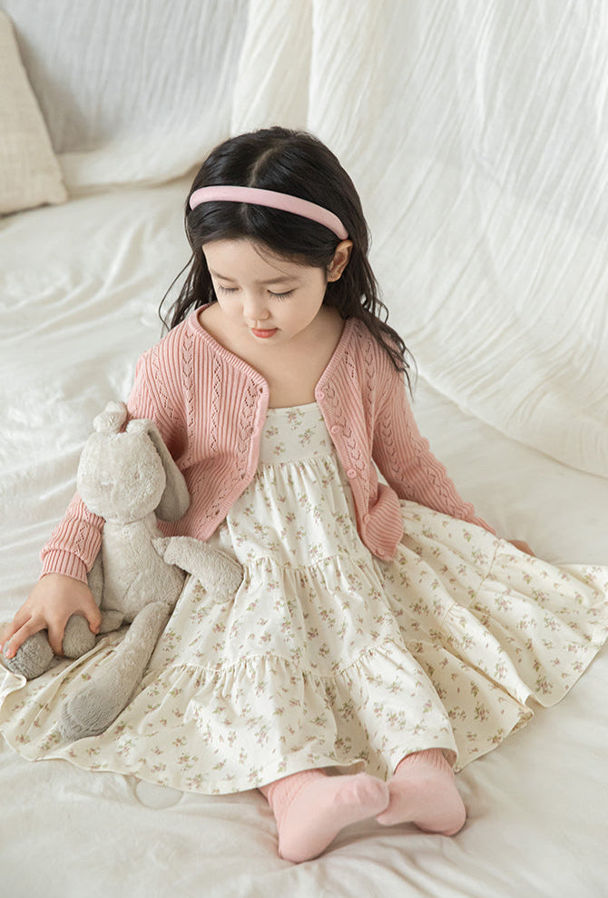 Cotton Ribbed Knit Pointelle Cardigan, Dusty Rose
