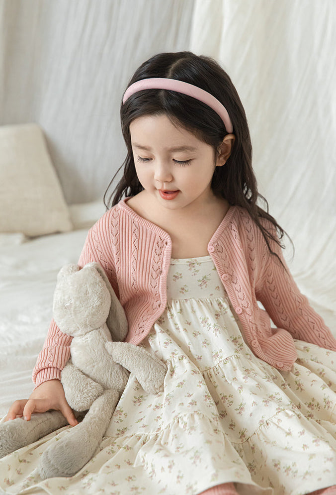 Girls elegant pointelle ribbed knit cardigan with coordinating buttons by Ava & Bear London