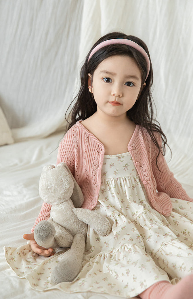 Cotton Ribbed Knit Pointelle Cardigan, Dusty Rose
